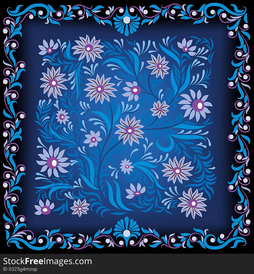 Abstract dark background with blue floral ornament