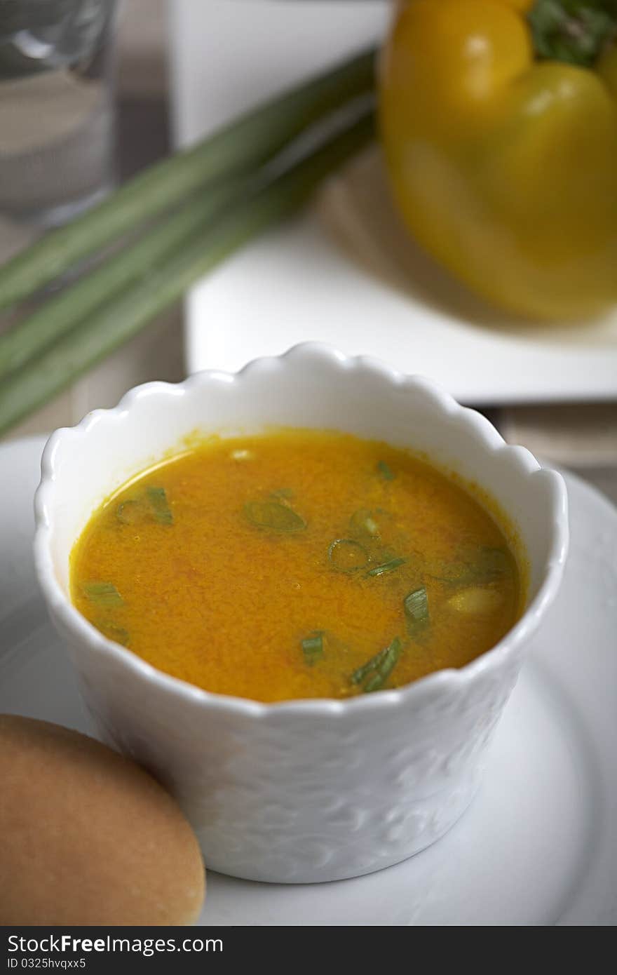 Carrot soup bread white bowl