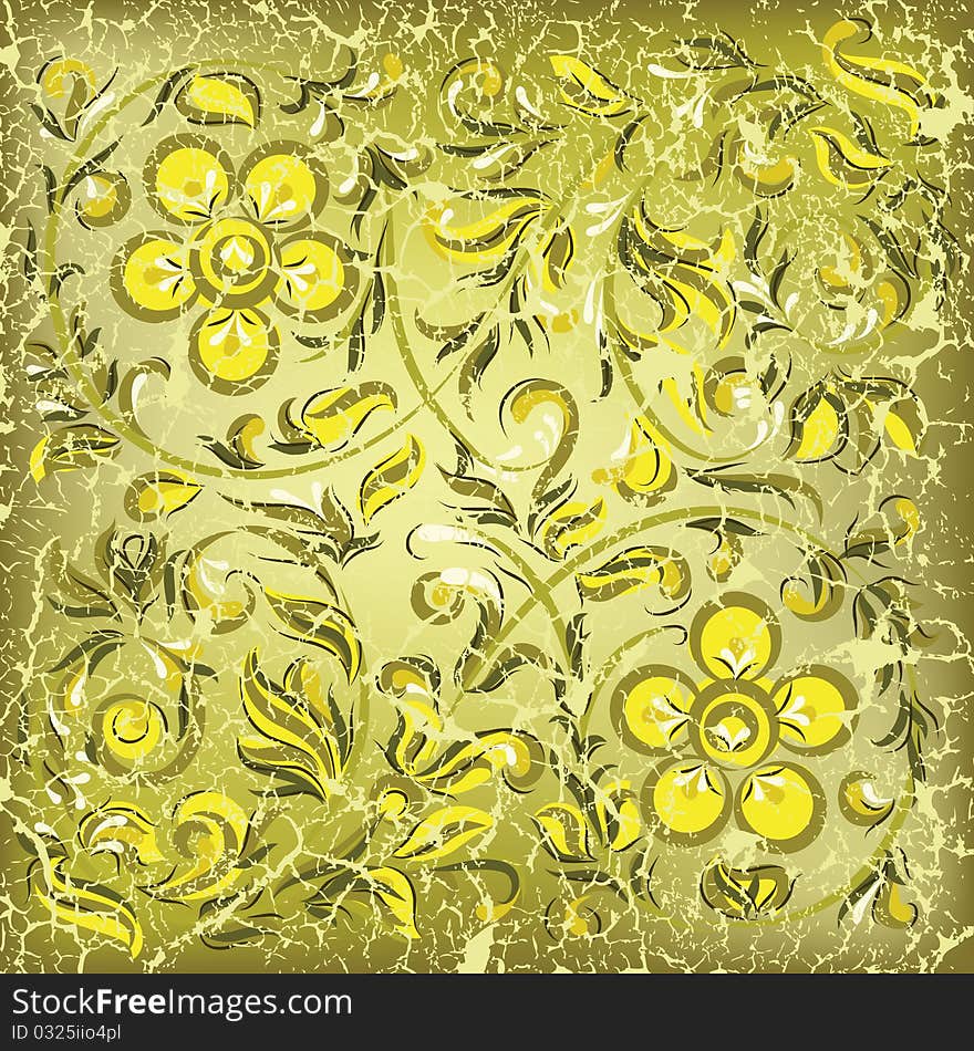 Abstract gold background with cracked floral ornament. Abstract gold background with cracked floral ornament