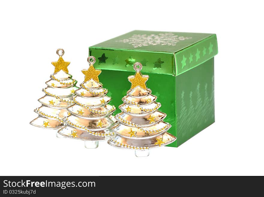 Green gift box and Christmas tree toy. Green gift box and Christmas tree toy