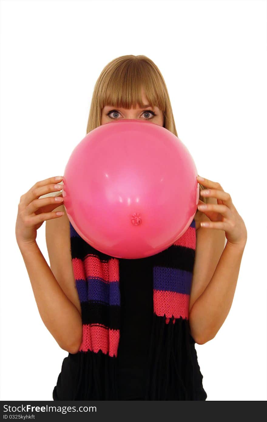 Blond beautiful girl holding pink balloon. Blond beautiful girl holding pink balloon