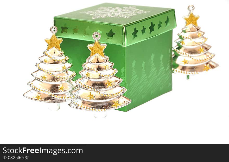 Green gift box and Christmas tree toy. Green gift box and Christmas tree toy