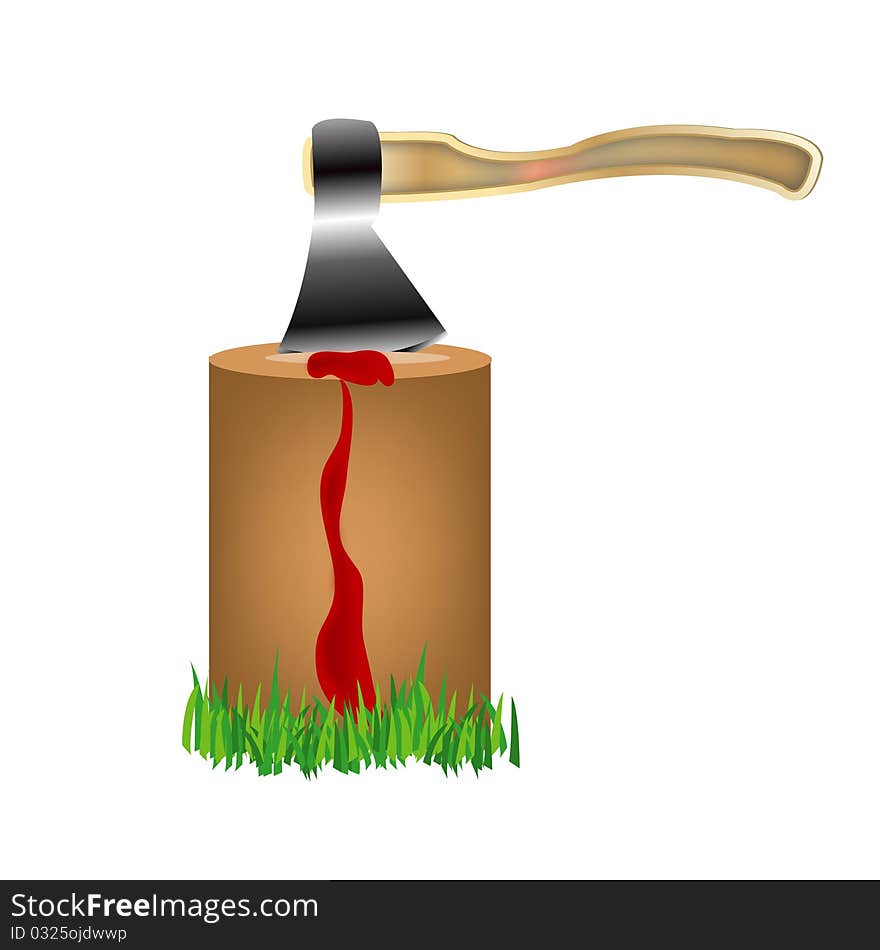 Axe protruding from wooden is watered and flowing down blood. Axe protruding from wooden is watered and flowing down blood