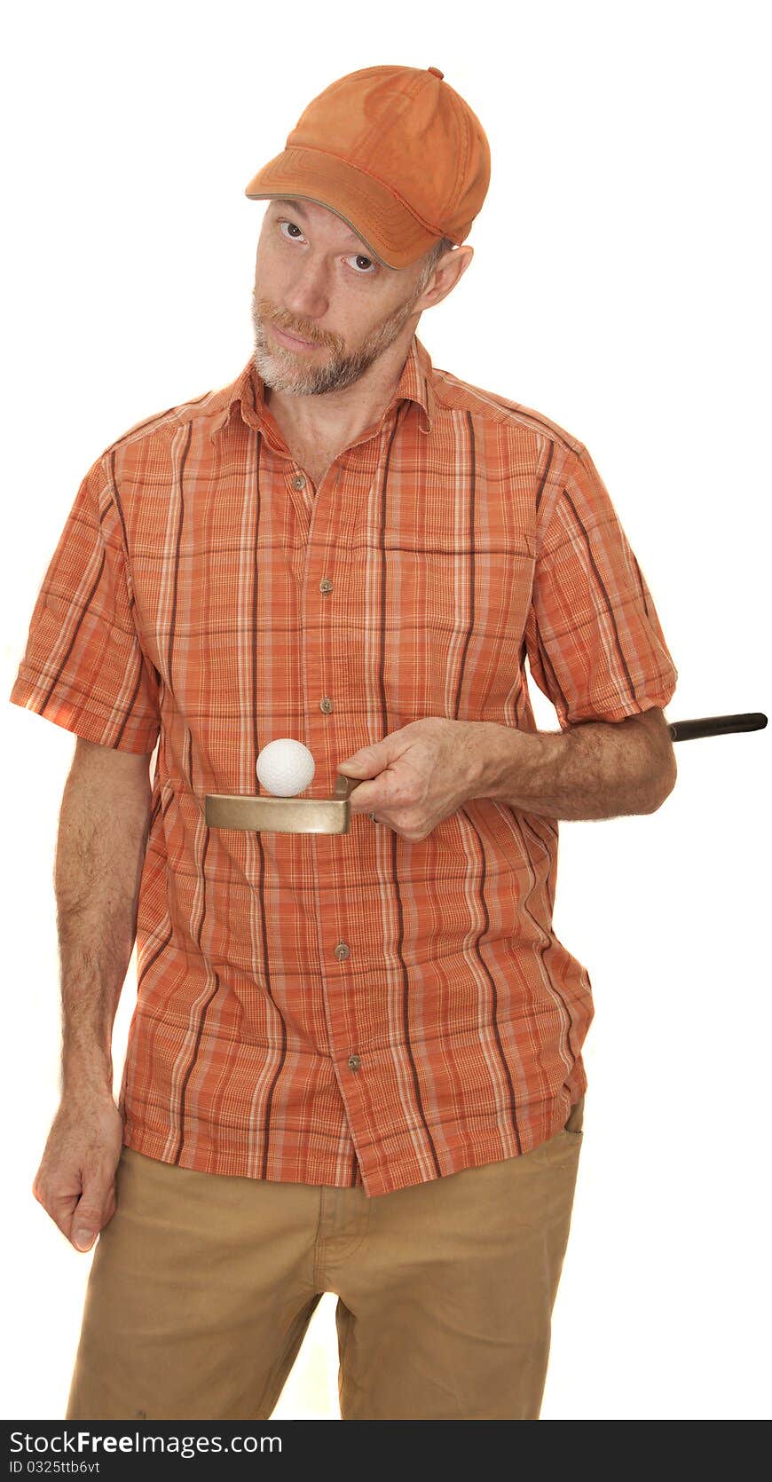 Golfer balancing a golf ball on his putter. No amateur, this guy.