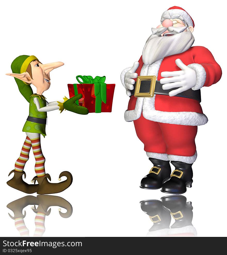 Santa and elf cartoon passing the present