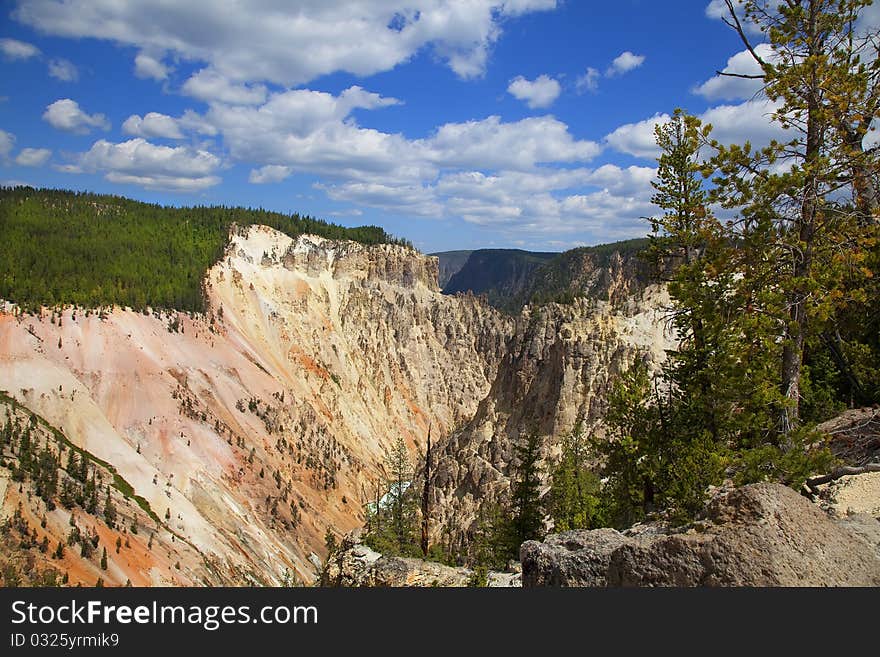 Yellowstone River in Yellowstone National Park with blue sky and clouds