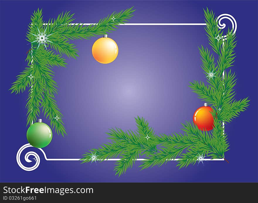 Christmas frame with tree branches and the stars and balls.