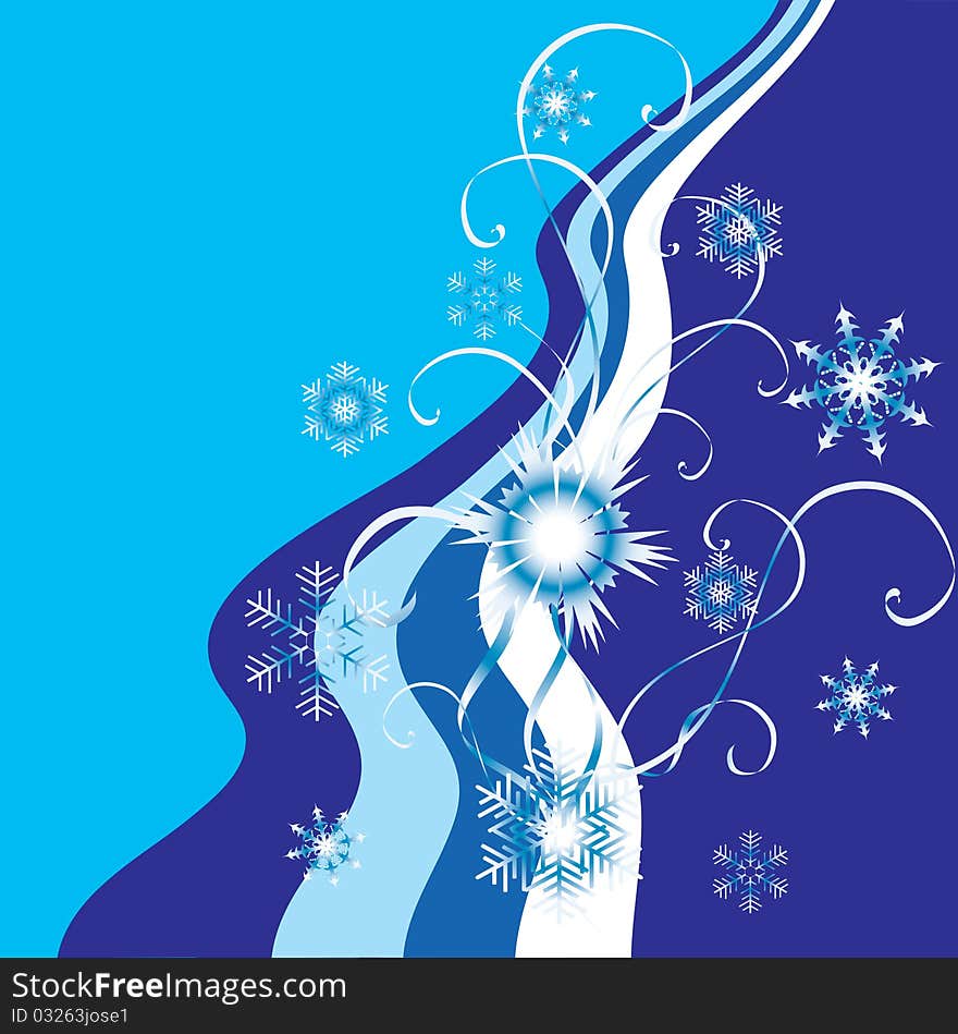 Snowflakes on the background of blue ribbons. Snowflakes on the background of blue ribbons.