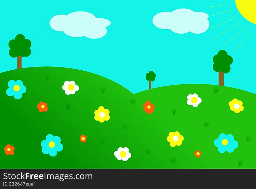 An illustration of green hill and spring flowers