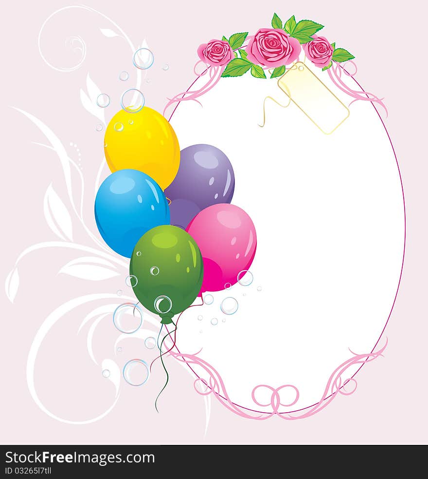 Colorful balloons with bouquet of roses. Card