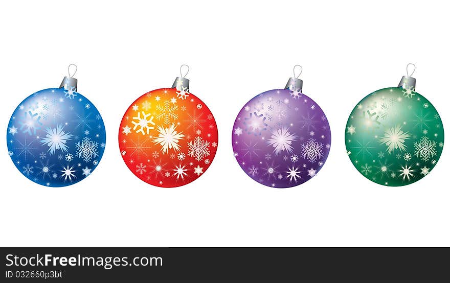 Colored balls with snowflakes on a white background. Colored balls with snowflakes on a white background.