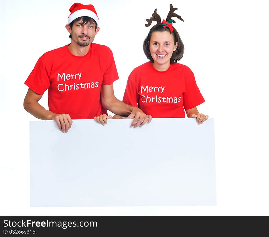 Isolated christmas couple with banner