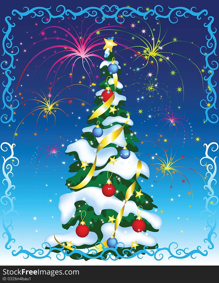 Greeting card with Christmas tree on abstract background