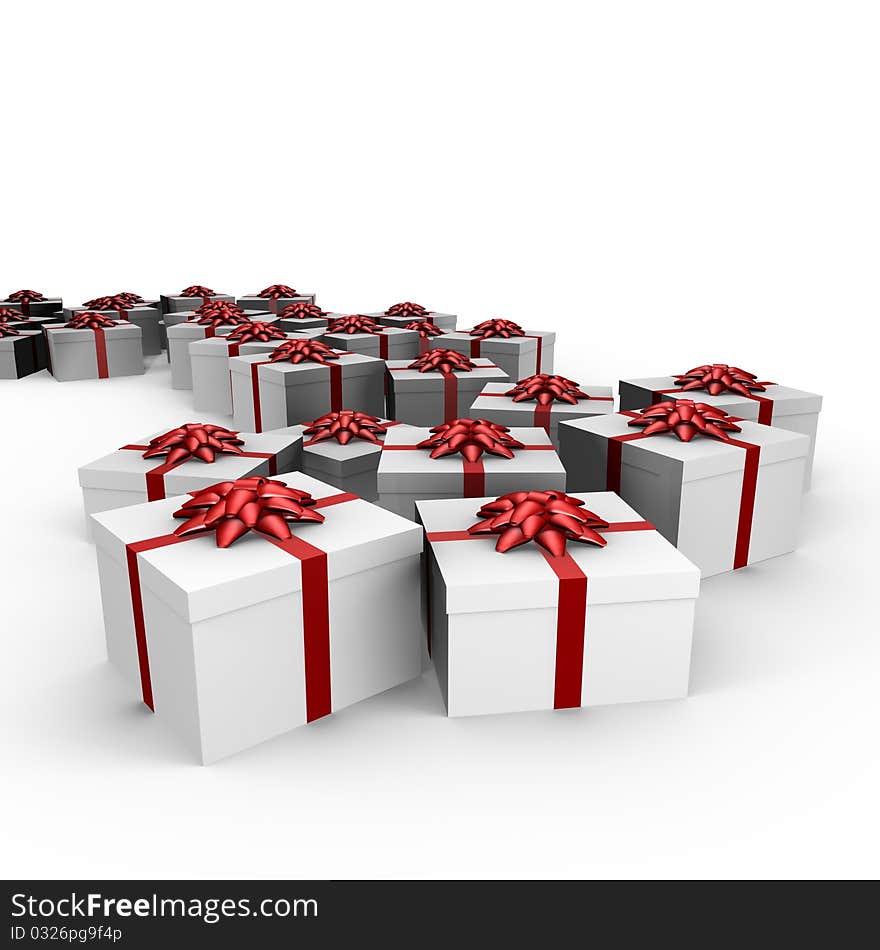 Many Gifts With Red Ribbon - 3d Image