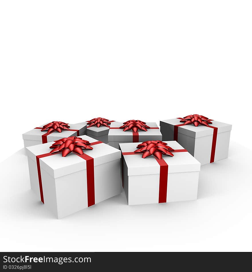 Many gifts with red ribbon - 3d image