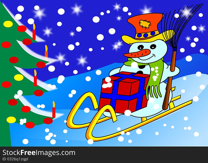 Snowman sled tree christmas snow holiday sports. Snowman sled tree christmas snow holiday sports