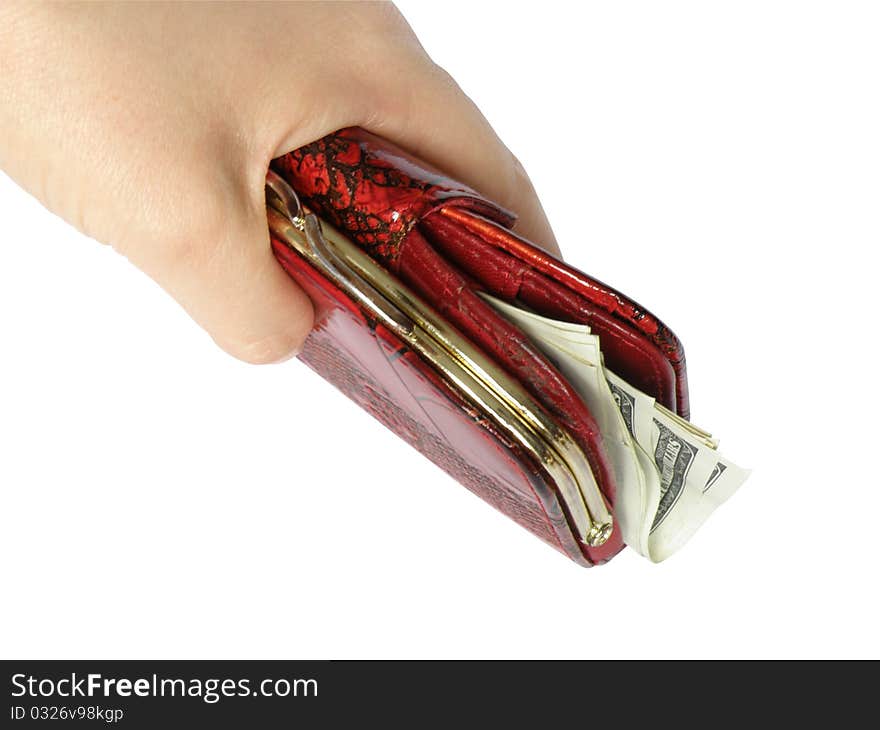 Hand with purse feminine red on white background