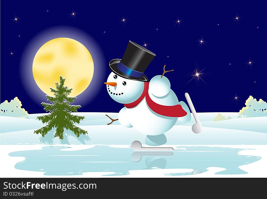 Illustration, merry snowman rides on skates on ice