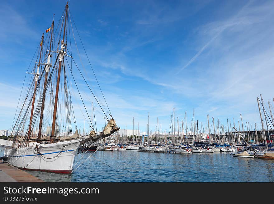 Sailboat In Barcelona Harbor.