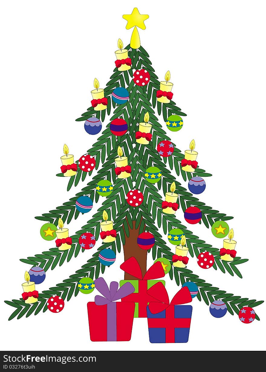 Illustration of a christmas tree with ornaments, candles and gifts.