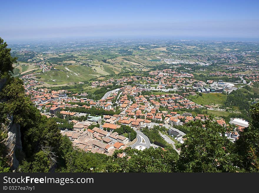 Postcard up view of town and hills at Repubblica di San Marino. Postcard up view of town and hills at Repubblica di San Marino