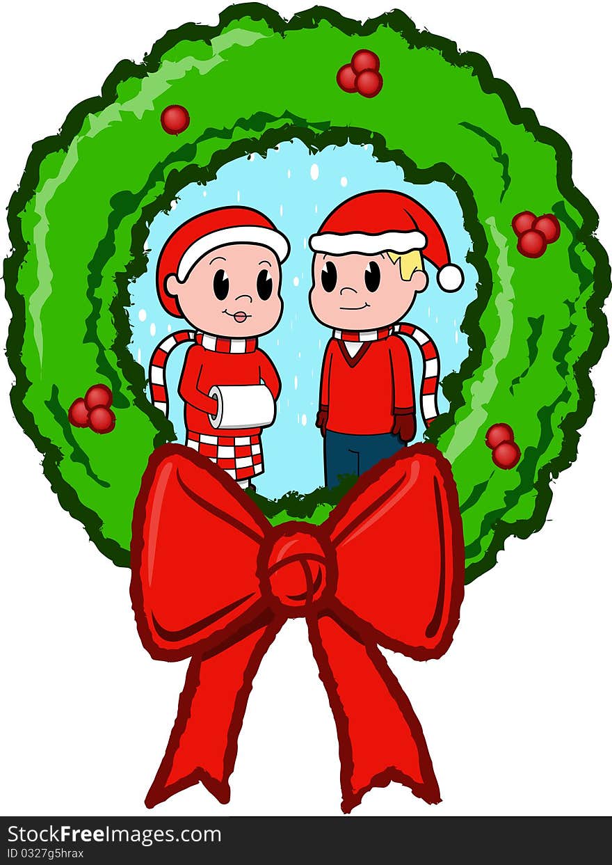 This is an illustration of a couple of kids posing and dressed for christmas in a wreath. This is an illustration of a couple of kids posing and dressed for christmas in a wreath