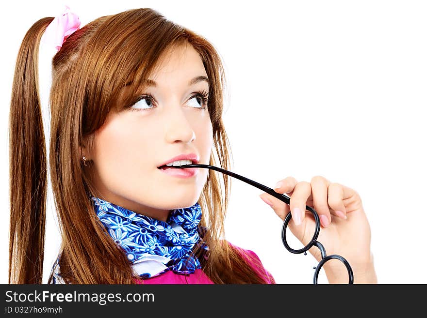 Portrait of funny girl student. Isolated over white background. Portrait of funny girl student. Isolated over white background.