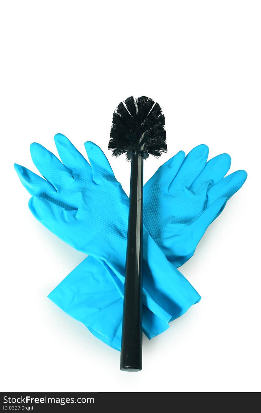 Close-up of a black toilet brush with blue work gloves. Isolated over white blackground.