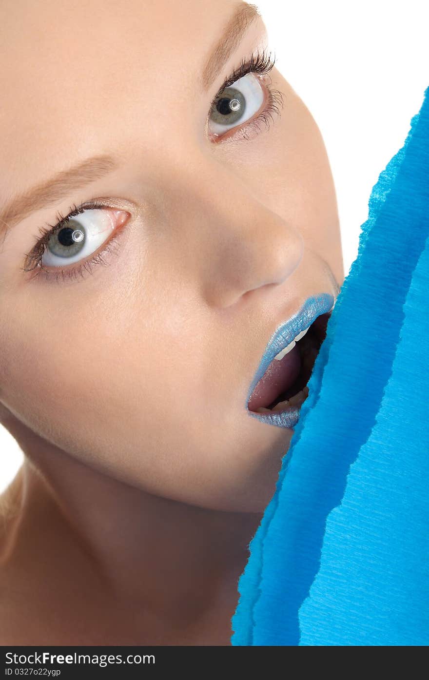 Young woman with dark blue lips and paper