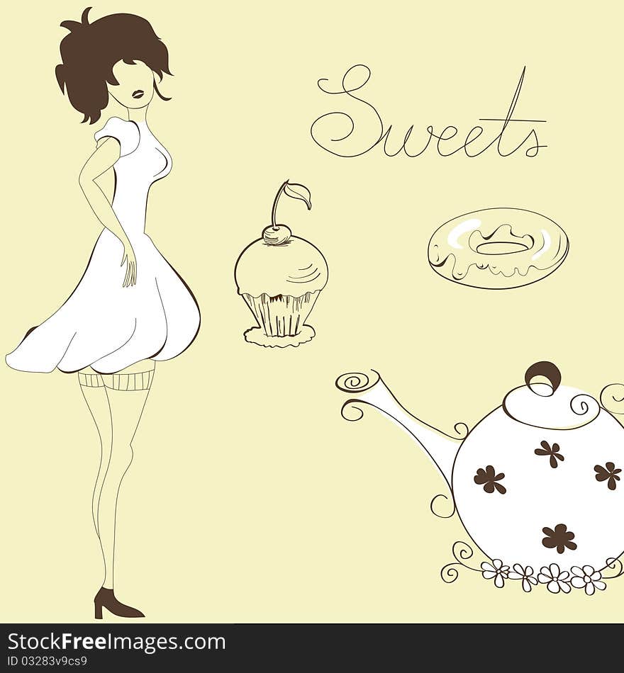 Woman with sweets. Universal template for greeting card, web page, background