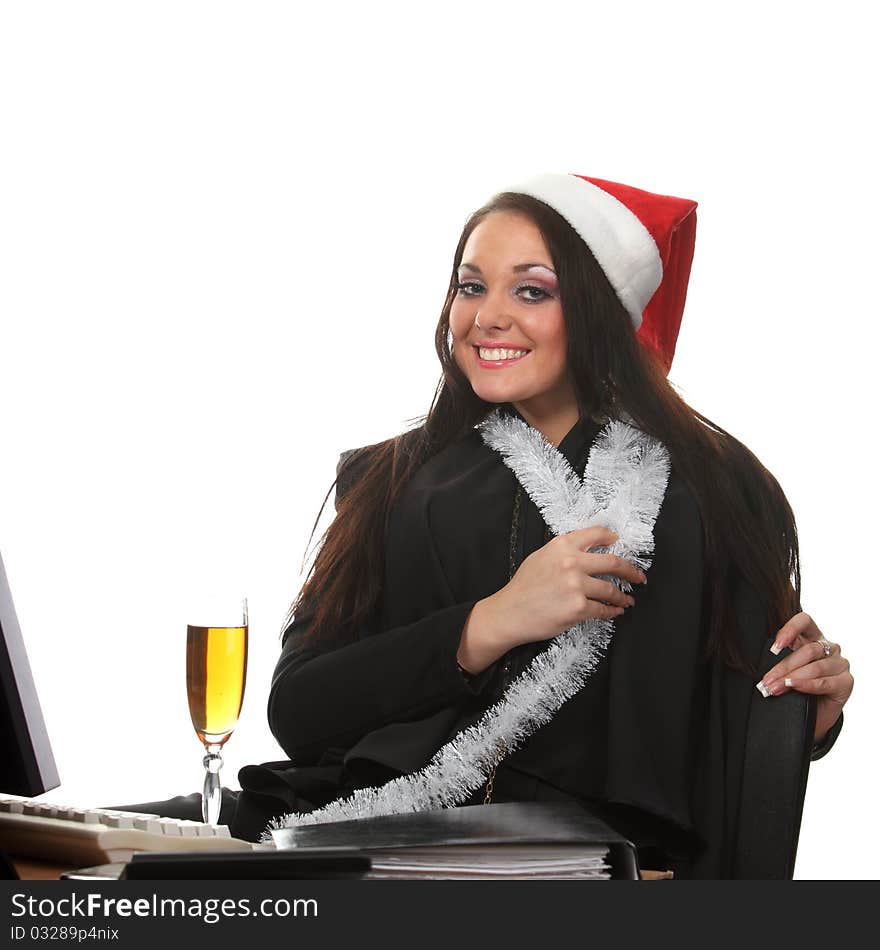 Young businesswoman in a christmas hat