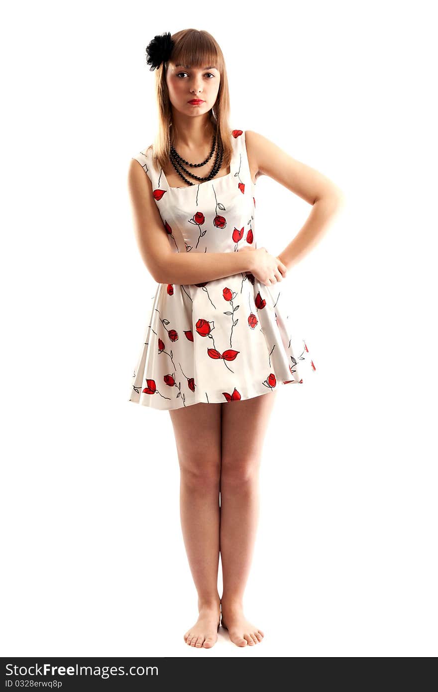 Beautiful girl in gown with red colour on white background