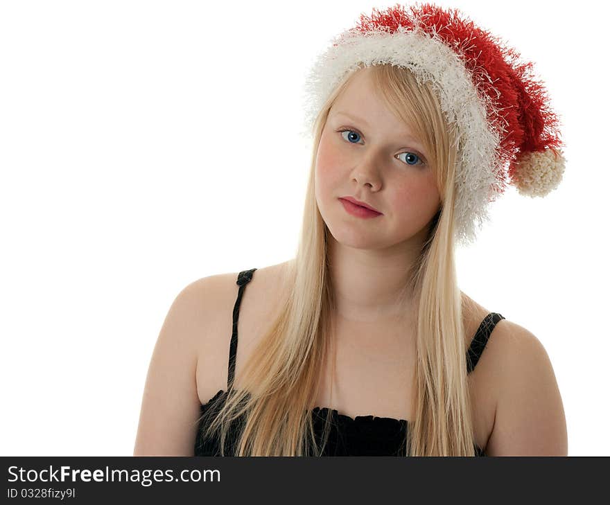 Beautiful blonde girl in a Santa hat on a white background