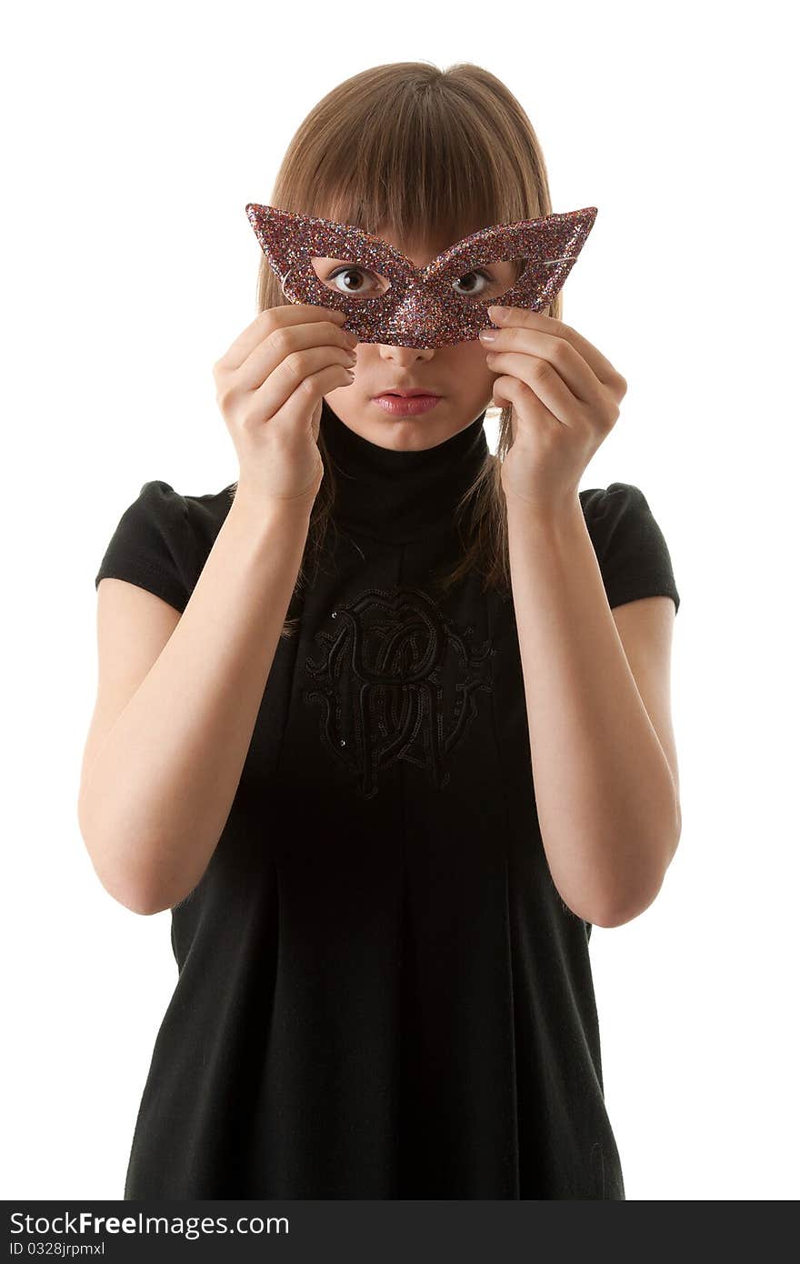 Beautiful girl in black dress and wearing a mask on a white background