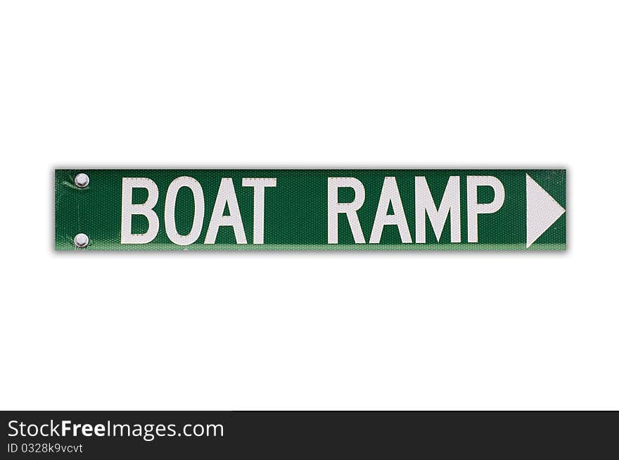 Green boat ramp sign with arrow isolated on white