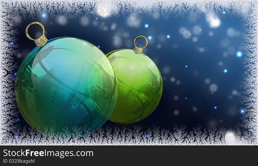 Two Christmas balls with snow