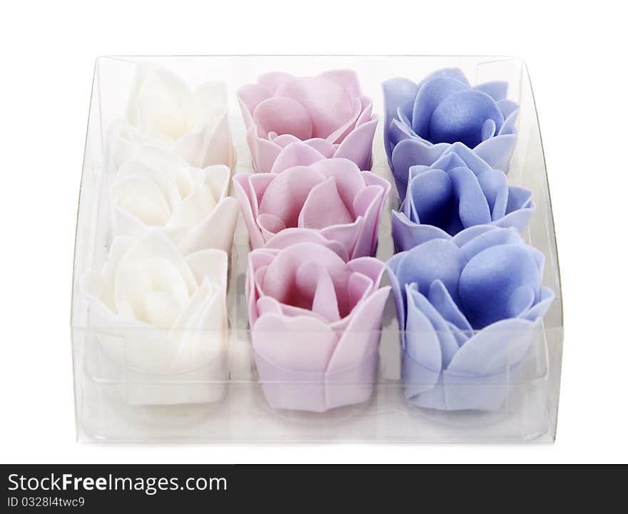 Soap in the shape of a flower in a transparent box