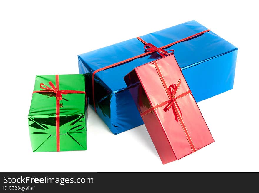 Gift boxes decorated with ribbon isolated on white background.