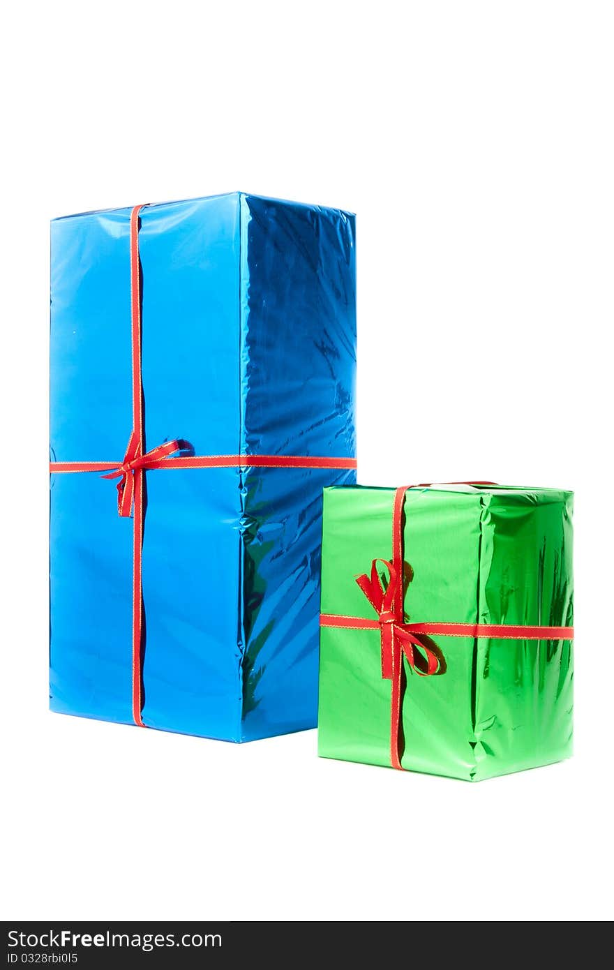 Gift boxes decorated with ribbon isolated on white background.