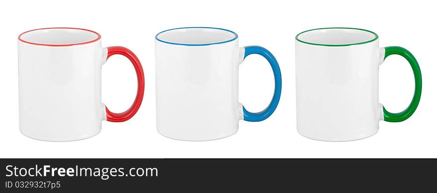 Three Opaque Color Mugs Isolated On White