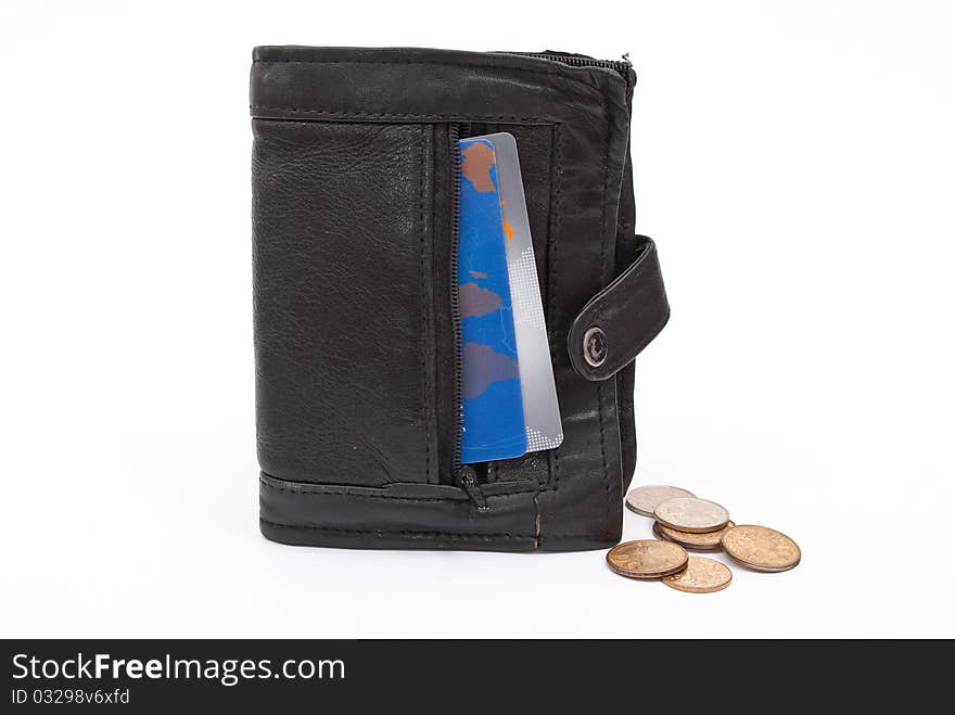 Coins and plastic cards in black wallet