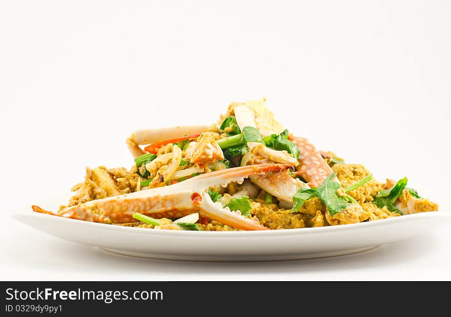 Fried Crab with Curry powder on white background. Fried Crab with Curry powder on white background