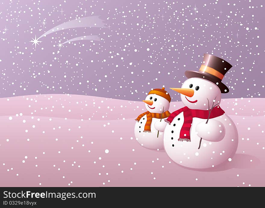 Lovely vector illustration of happy snowball with hat and muffler and his son looking to the falling stars. Full compatible. Created with gradients. Lovely vector illustration of happy snowball with hat and muffler and his son looking to the falling stars. Full compatible. Created with gradients.