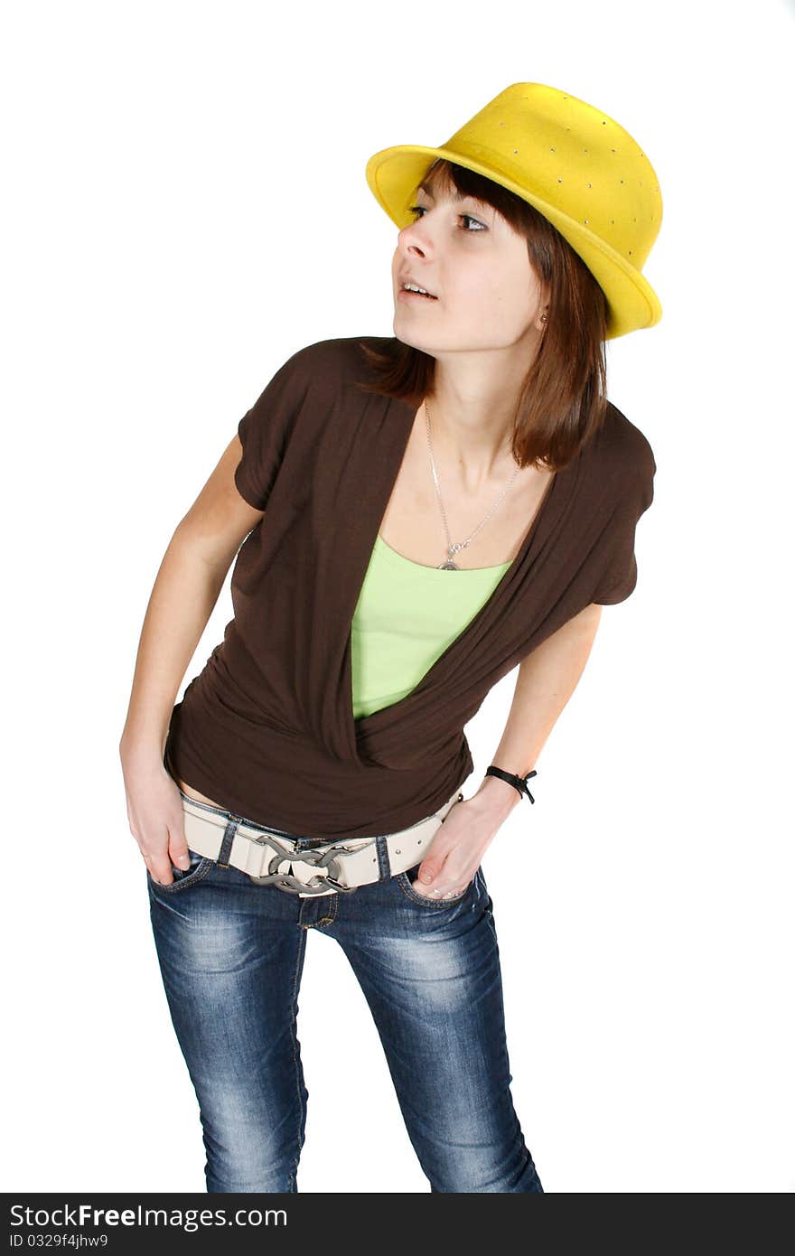 Portrait of stylish young woman in yellow hat isolated on white