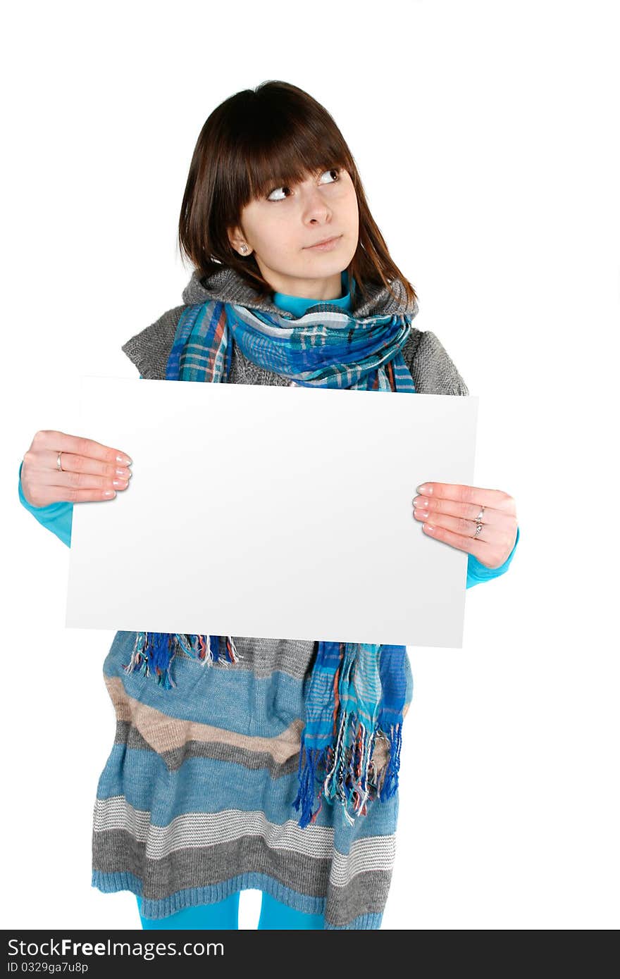 Portrait of a lovely young female holding blank sheet against white background. Portrait of a lovely young female holding blank sheet against white background