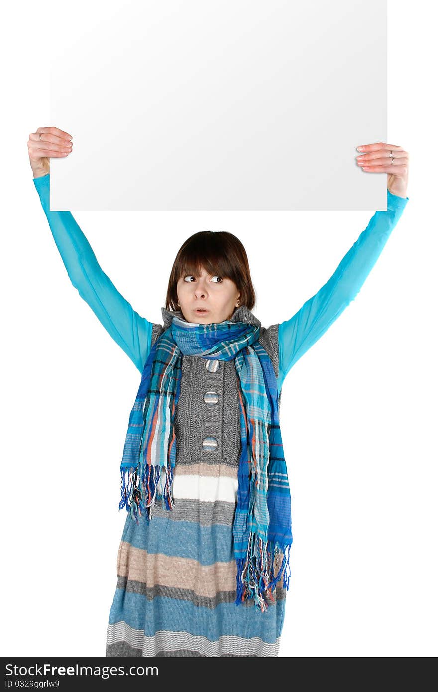 Portrait of a lovely young female holding blank sheet against white background. Portrait of a lovely young female holding blank sheet against white background