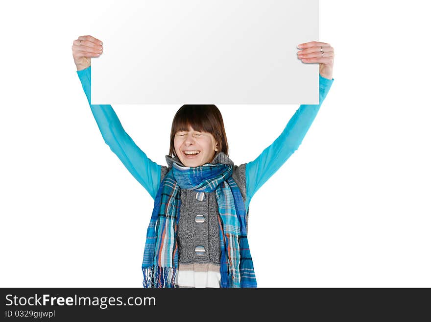 Portrait of a lovely young female holding blank sheet against white background. Portrait of a lovely young female holding blank sheet against white background