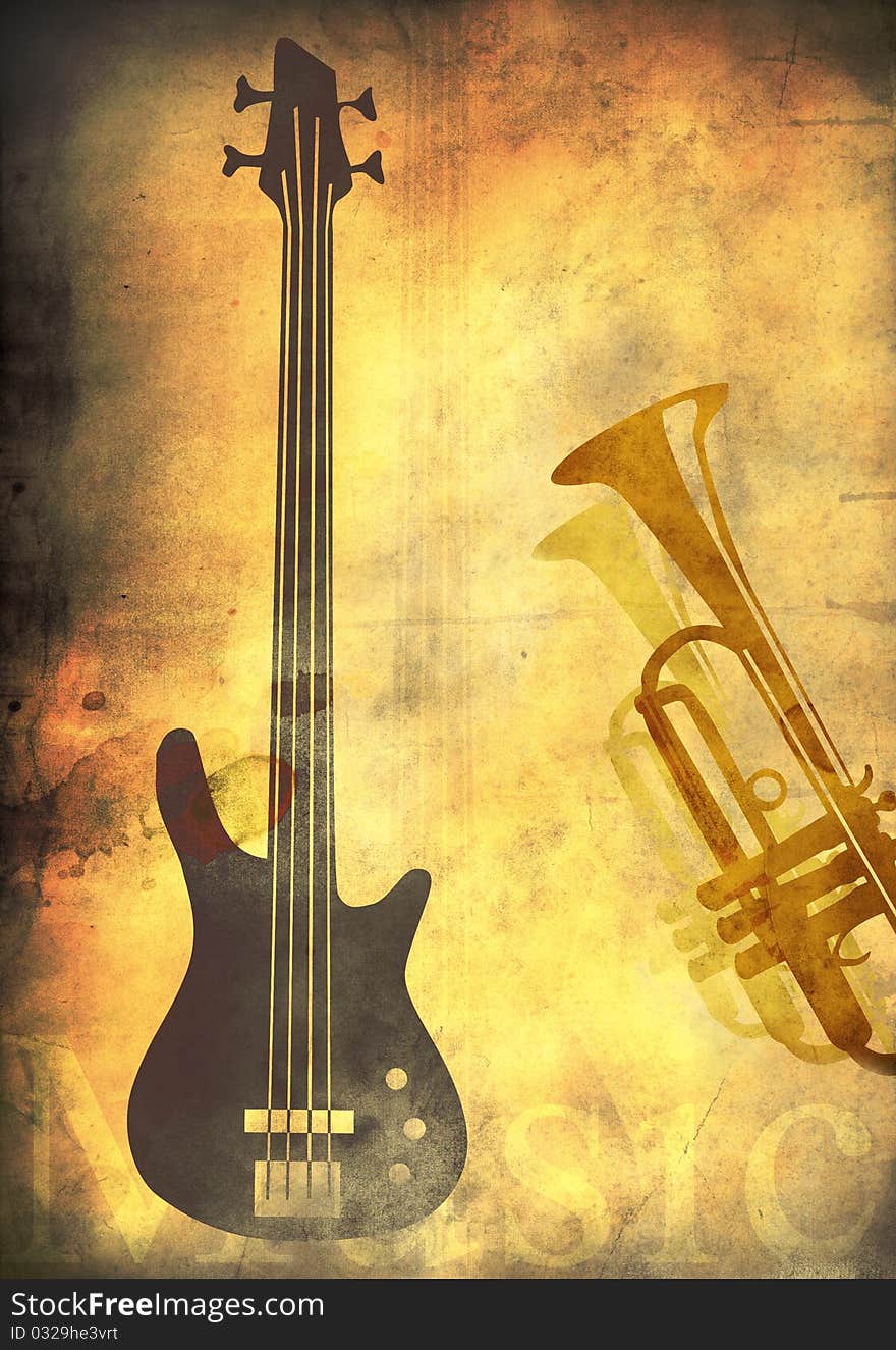 Grunge background with guitar and trumpet