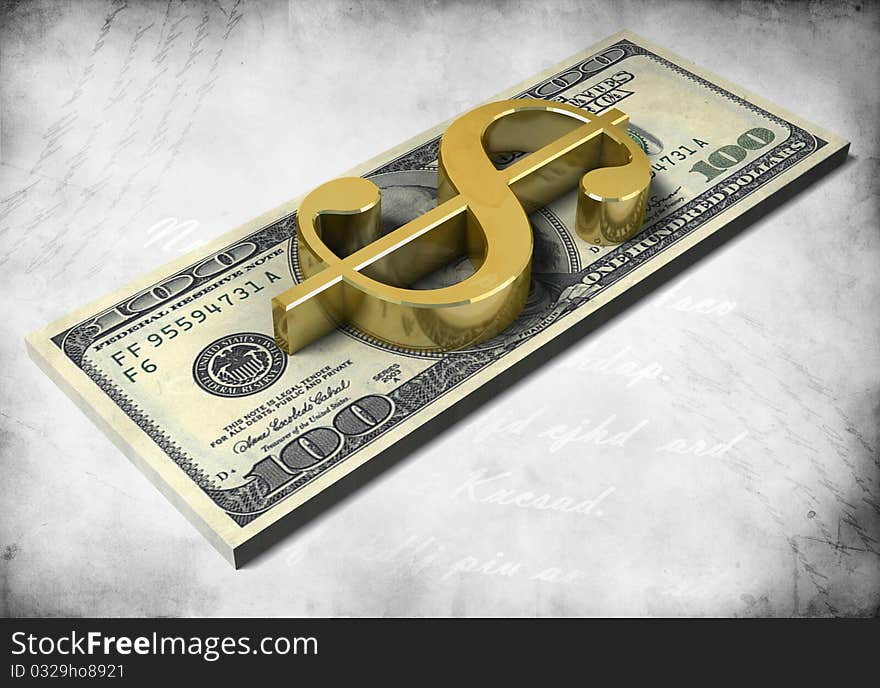 Pack of dollars and golden 3d dollar sign