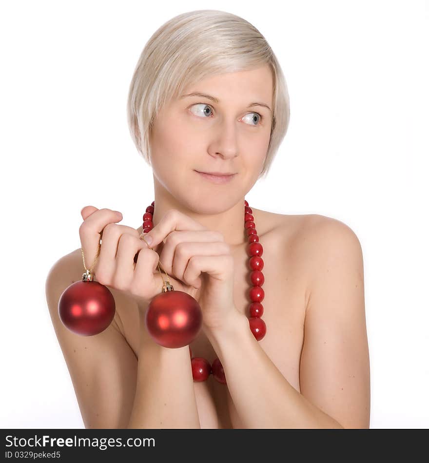 Young Girl With Christmas Ornaments In Studio